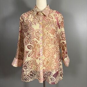 CJ Banks 2X Button Down Top Floral Rayon Linen Burnout‎ Sheer Whimsy Artsy Fairy